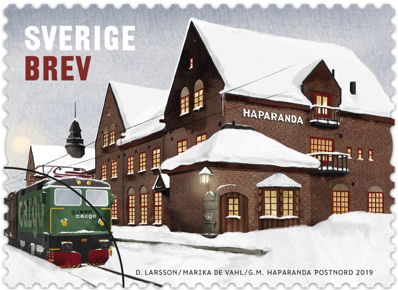 Frimärket med Haparanda station som motiv.