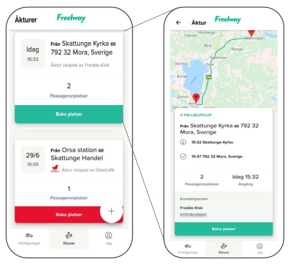 Exempel på hur en resa kan se ut i appen Freelway.