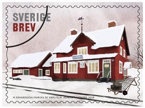 Frimärket med Åsarna station som motiv.