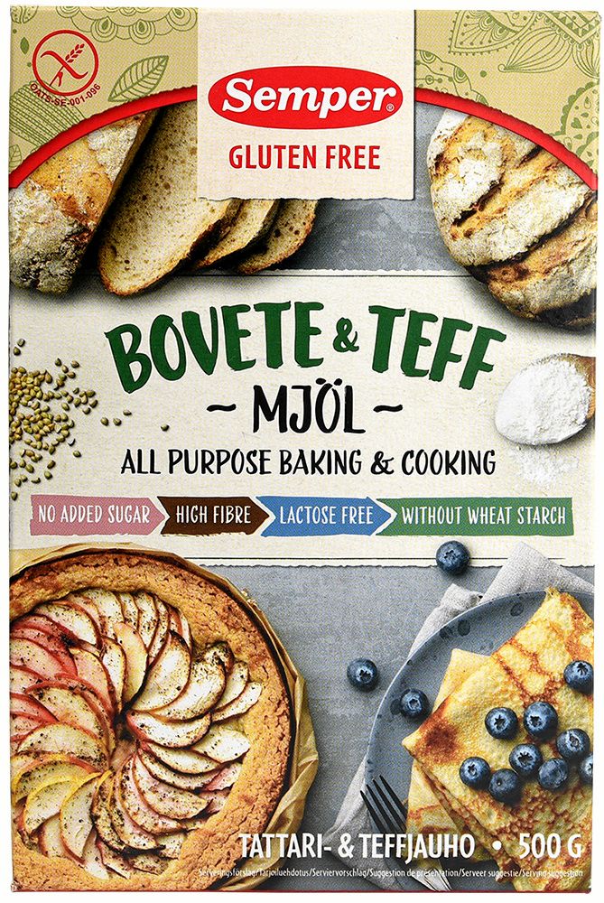 Femma på matbluffslistan 2019 liggerSempers 'Gluten free Bovete & Teff mjöl'.