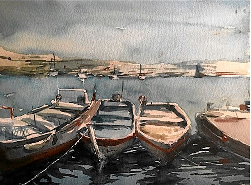 Skärgårdsmotiv med tekniskt svåravmålad himmel och vattenyta.