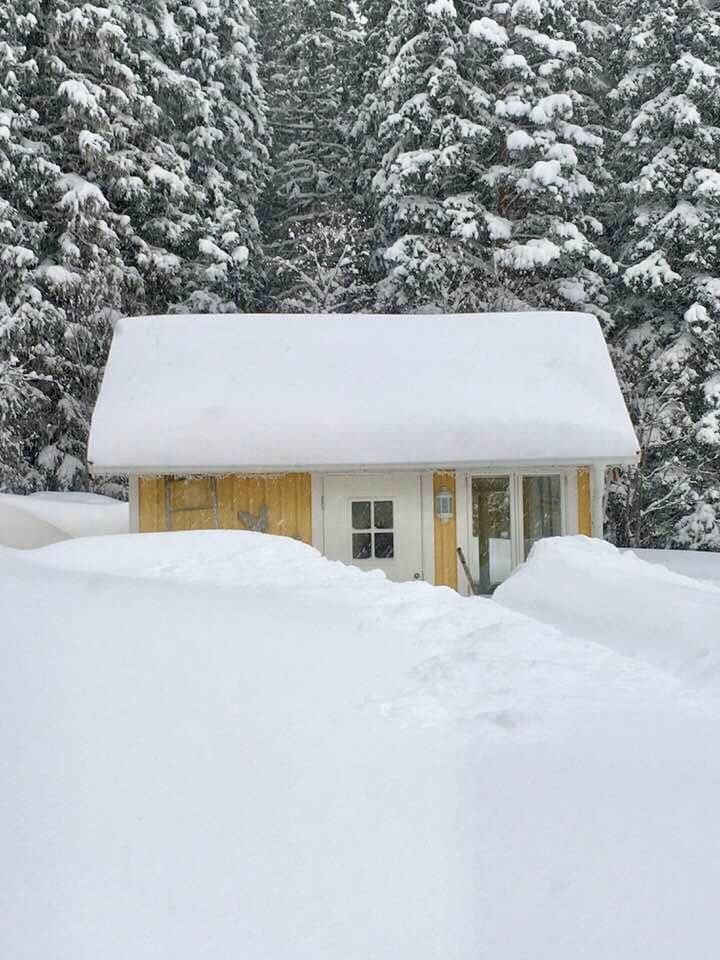 Vår "Lillstuga" försvinner snart under all snö! Norrböle, ca 4 mil inåt landet från Övik, hälsar Birgitta Mattsson Berglund.