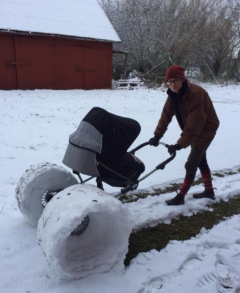 Så kan det gå! Margareta Johansson skriver: Dotterns barnvagn när det var kramsnö! Himelsby, Östergötland.