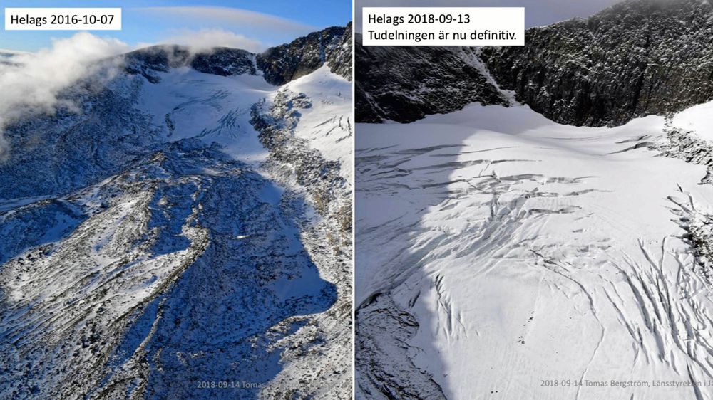 Helags i Härjedalen har på två år kommit att dela upp sig. Till vänster en bild från 2016, till höger en från i år.