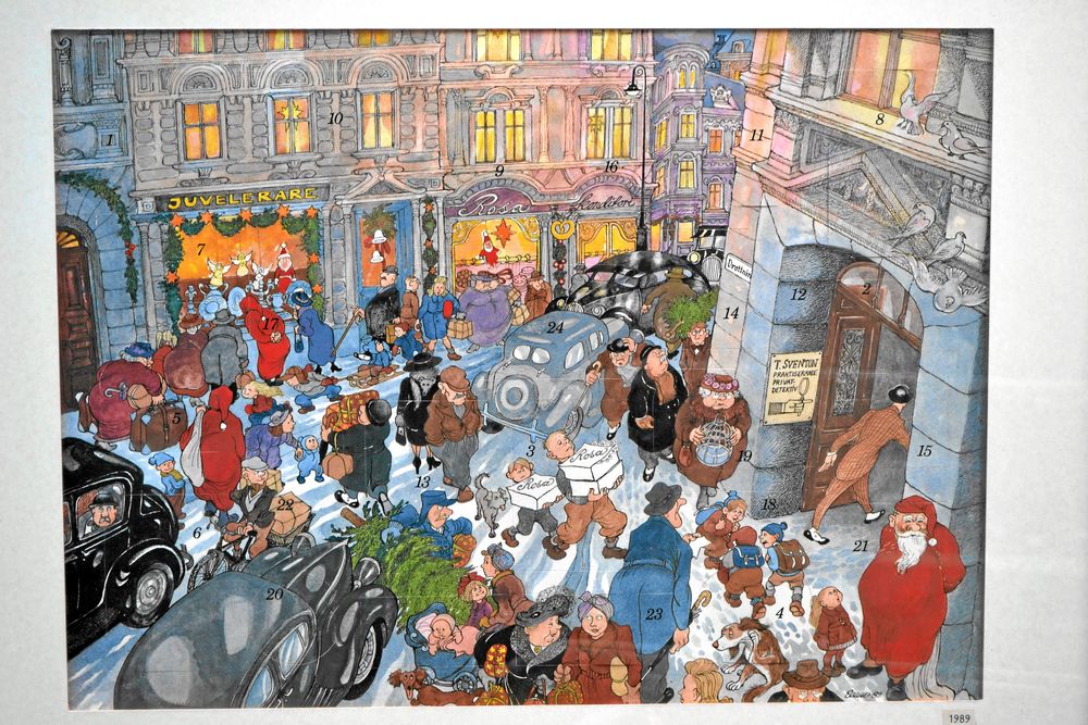 , 1989. Succékalendern där Helge Skoog spelade den läspande privatdetektiven Ture Sventon, spelad av Helge Skoog. Tecknare: Ellen Auensen.