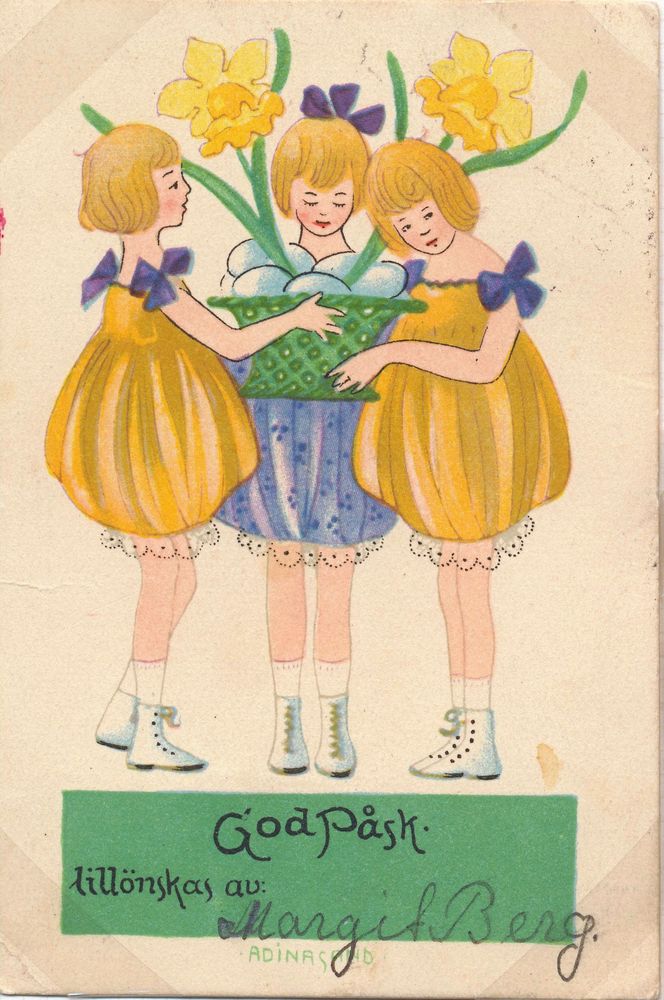 Blommigt. Påskflickor i blomsterliknande dräkter på kortet tecknat av Adina Sand ger fin vårkänsla.