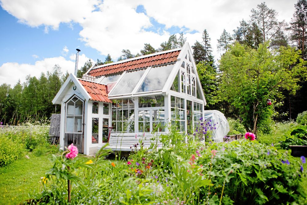 Växthuset ser lite ut som ett bönehus med sitt spetsiga, höga tak.