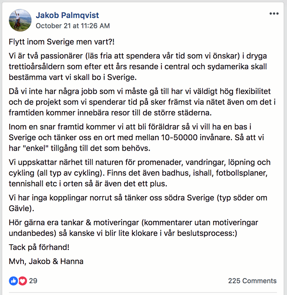 Här är inlägget Jakob Palmqvist skrev på Facebook ().