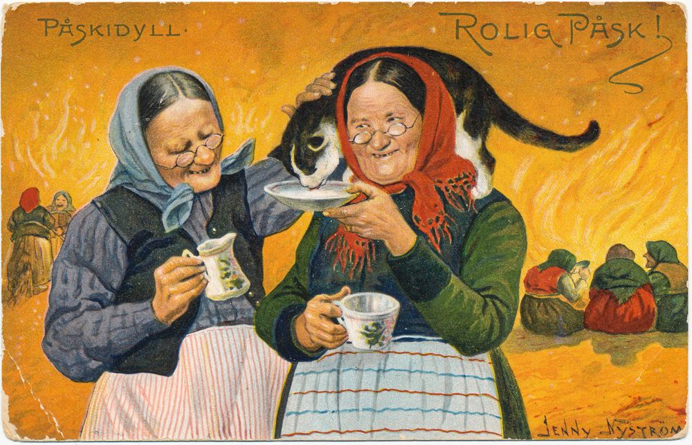 Så här mysigt har påskkärringar när de väl kommer fram till Blåkulla. Påskkortet är gjort av Jenny Nyström 1913.