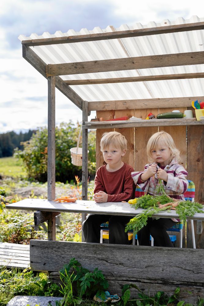Alfred och Noomi har fått en egen affär. Här på gården har de gott om plats för att leka fritt.