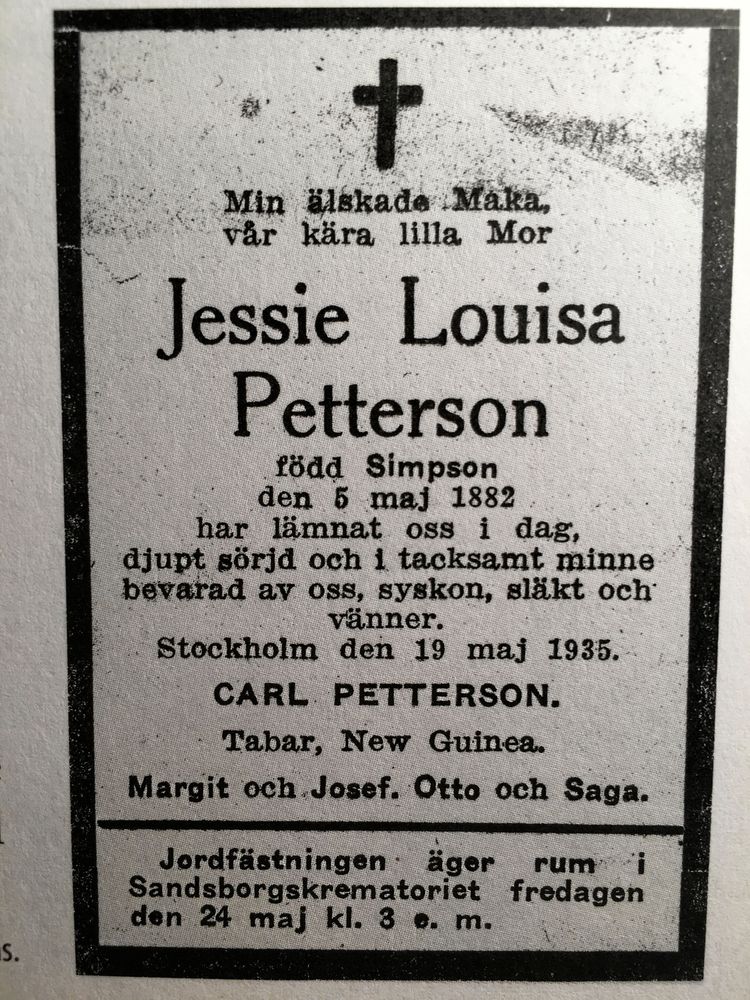 Jessie Louisa Simpson dog och begravdes i Stockholm.