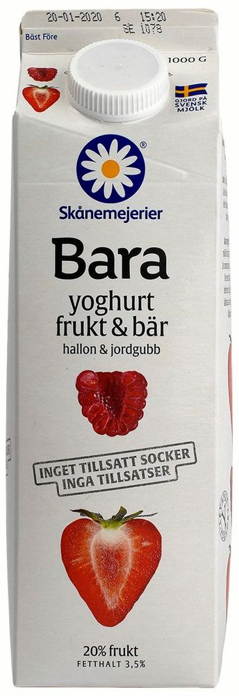 Tvåa på matbluffslistan 2019 är Skånemejeriers 'Bara yoghurt frukt & bär hallon & jordgubb'.