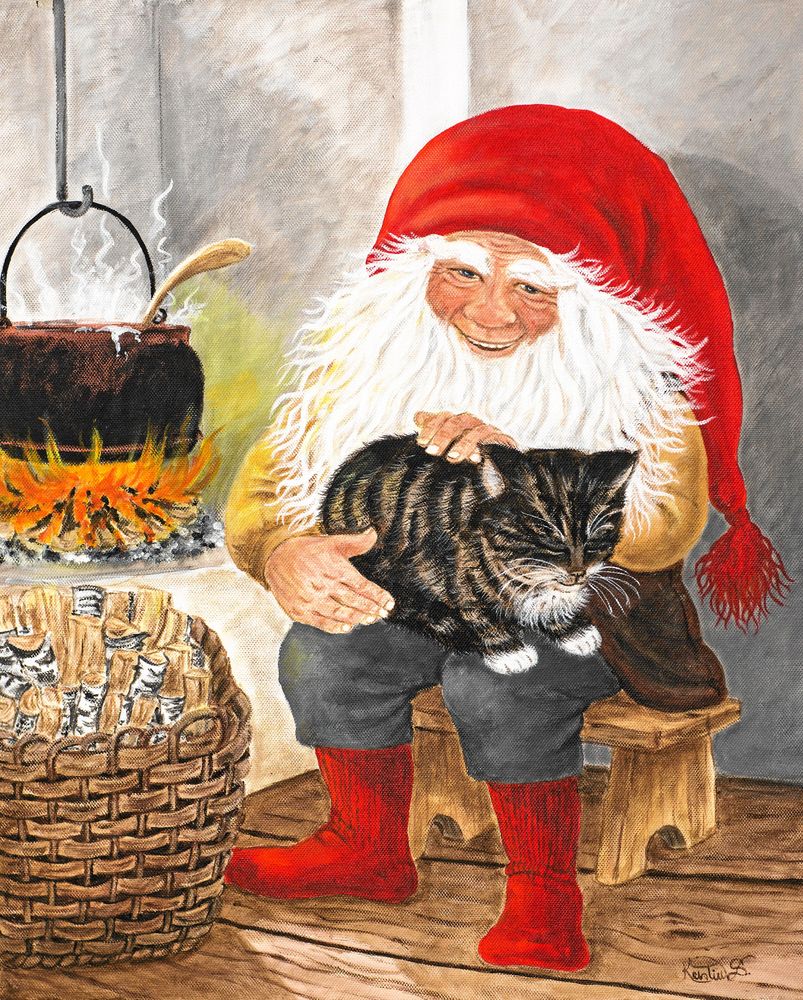 Nostalgiskt julmys med glad tomte och spinnande katt.