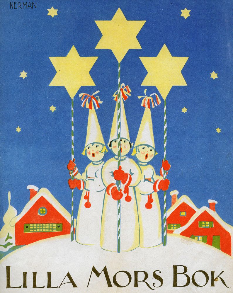 Förr klädde unga ut sig till stjärngossar och gick runt och sjöng för att få pengar till fortsatta studier kommande termin. Numera rättar sig oftast stjärngossarna in i ledet bakom Lucia. Teckning av Einar Nerman.