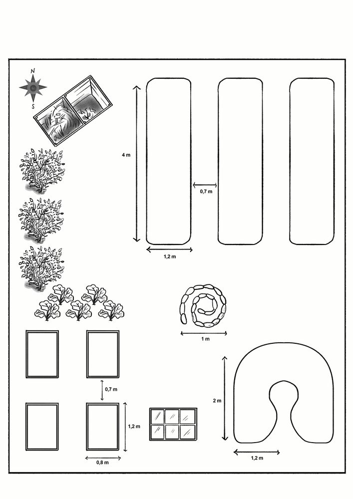 Ritning att utgå ifrån med mått. Är det fortfarande snö ute kan du "rita" grovt genom att trampa i snön. Klicka på ritningen för att ladda ner den.