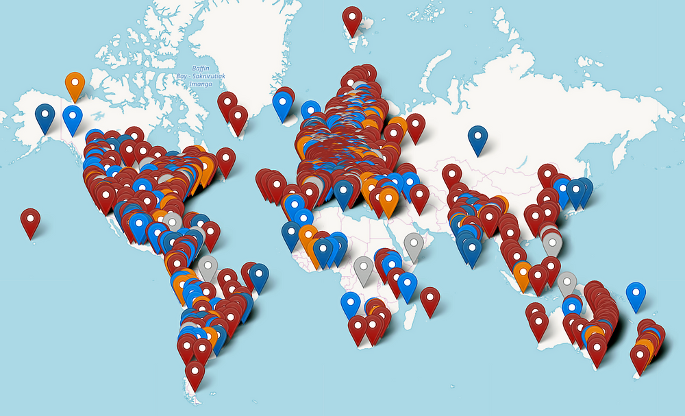 Grafik över alla medverkande platser i "Fridays for Future", skolstrejk för klimatet.