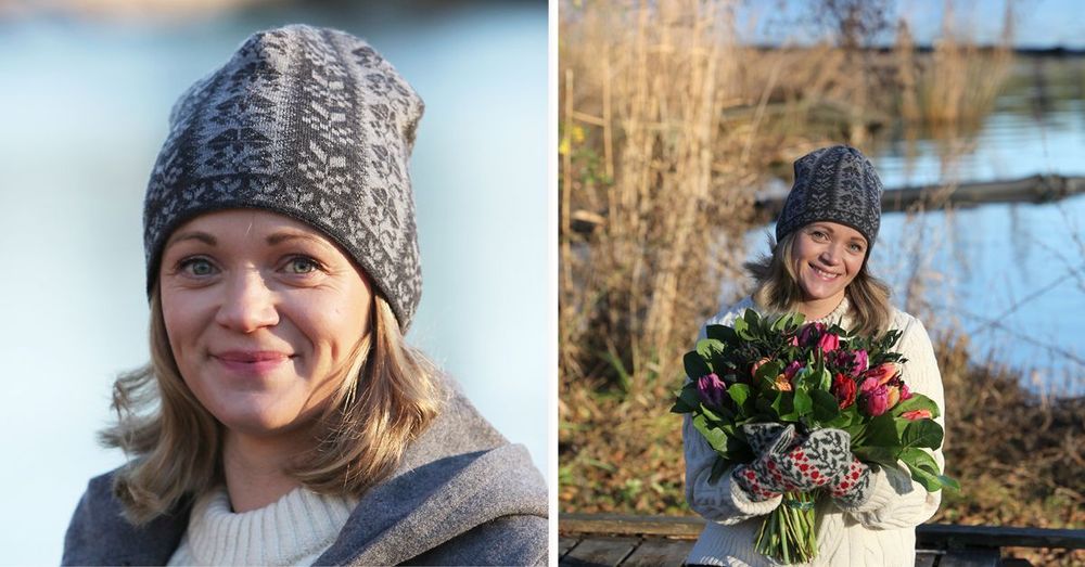 En lilja från Ovanåker, stickad på en tröja från 1800-talet. Det blev förlagan till Landmössan som bärs av Sara Vallentin från Värnamo.