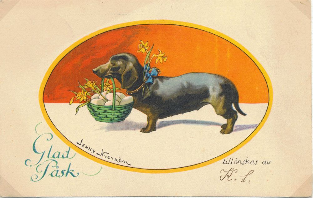 Denna söta påskhund av Jenny Nyström (1854-1946), skickades till Beda Nilsson, Skärmnås i värmlämdska Edane för nära 100 år sedan.