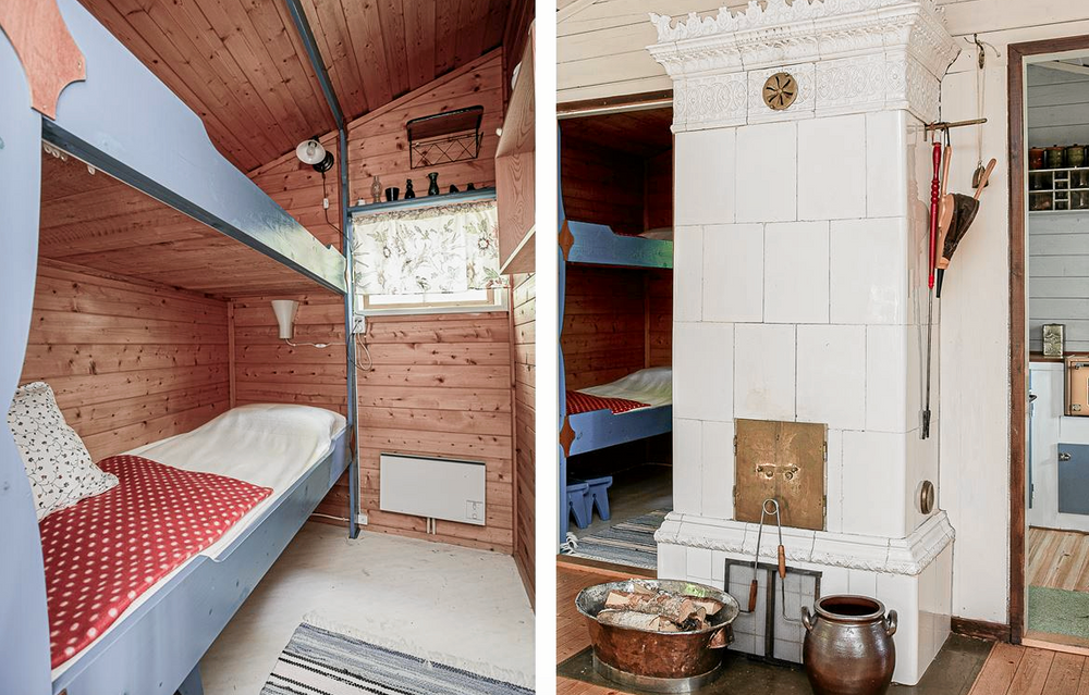 Våningssäng i det andra sovrummet och kackelugn för uppvärmning av samma stugas i vardagsrum.