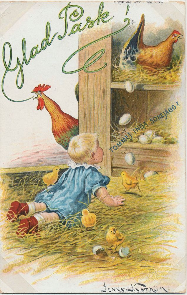 "Tomme inga sokejägg" (kommer inga sockerägg) frågar det lilla barnet på Jenny Nyströms påskkort.