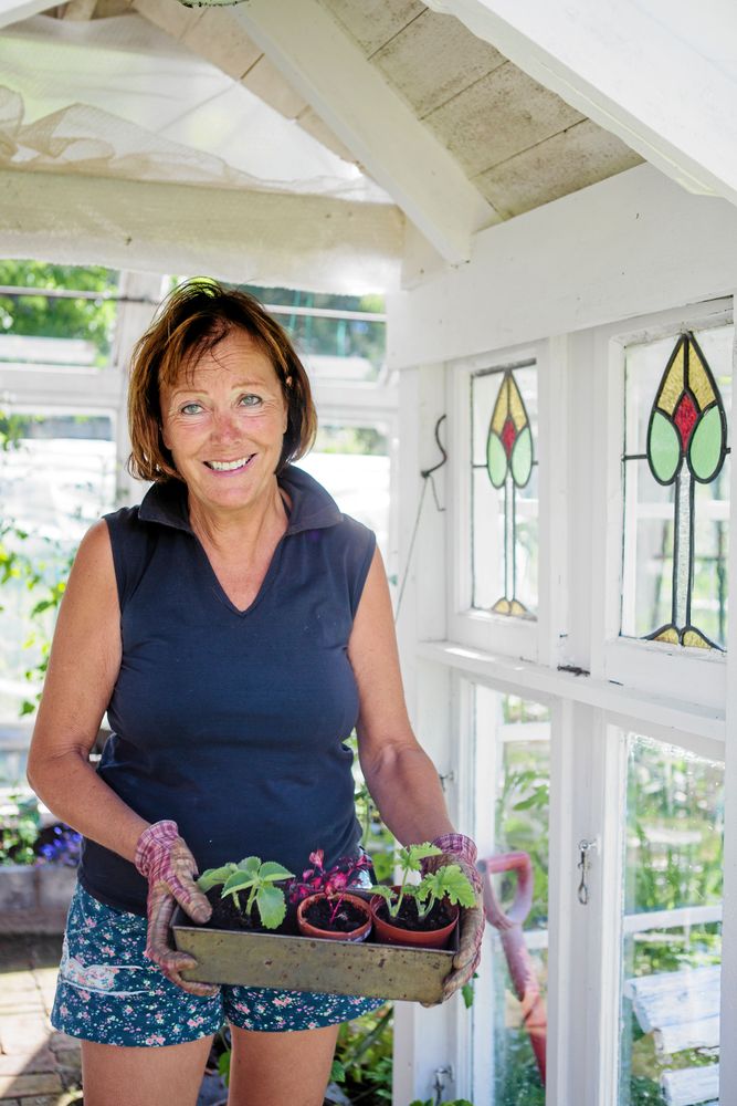 Elisabett med några krukväxtplantor som ska planteras om.