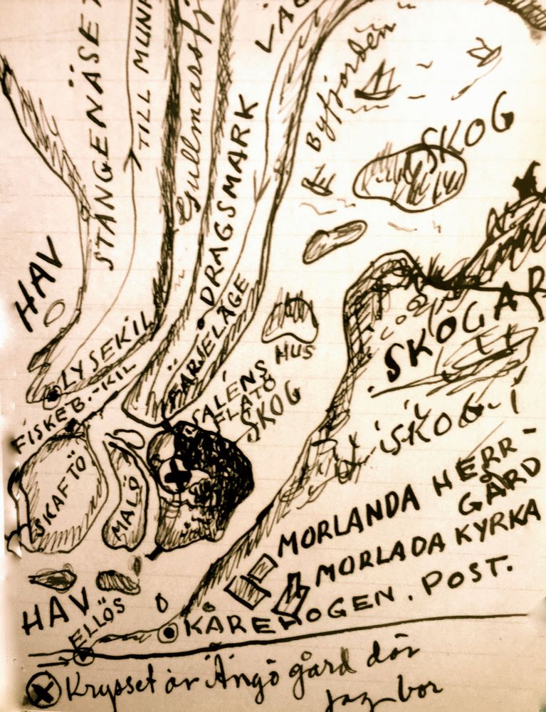 Evert Taubes karta över Flatön. "Krysset är Ängö gård", skriver han längst ned. Den handritade kartan följde med ett brev hem till Astri.