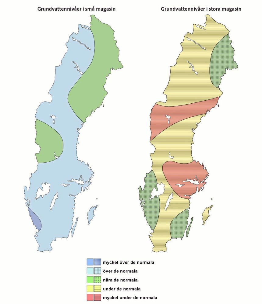 SGU:s kartläggning för grundvattennivåerna i mars månad.