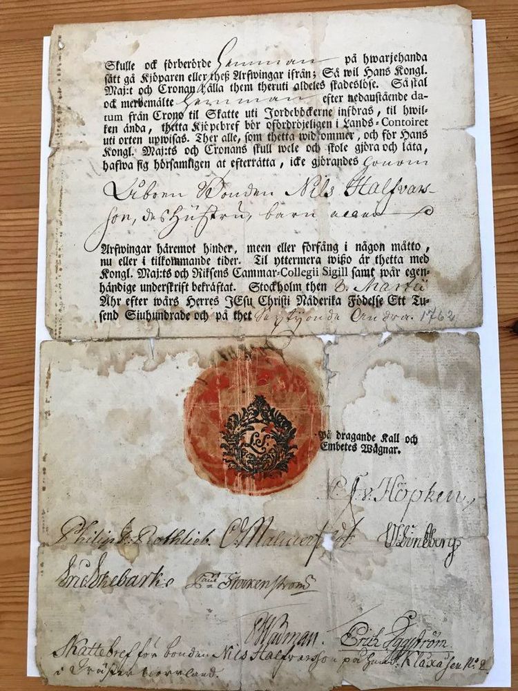 Kontrakt på gården från mitten av 1700-talet.