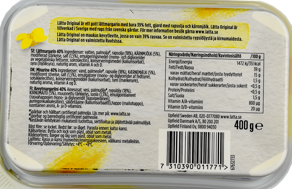 Innehållsförteckningen avslöjar att margarinet innehåller mer palmolja än rapsolja och kärnmjölk.