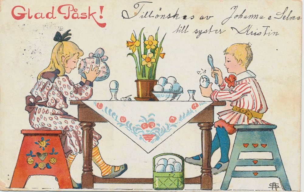 Äggdröm. Påskkort av Signe Aspelin (1881-1961), skickat för 110 år sedan. Flickans stora tittägg var en ouppnåelig dröm för de flesta barn på den tiden.
