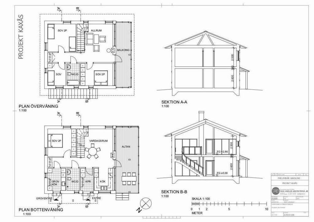 Ritning över planlösningen för de 140 kvadratmeter stora husen i två plan.