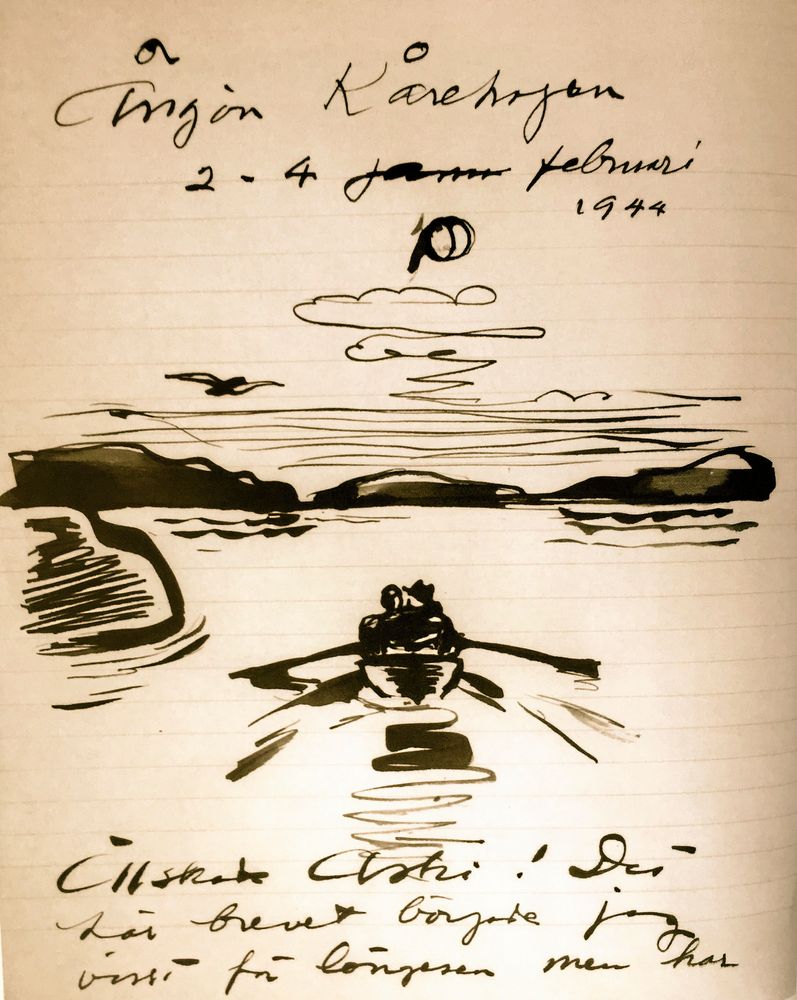 Älskade Astri. Så skriver Evert Taubes på teckning som följer med ett brev till hustrun februari 1944.