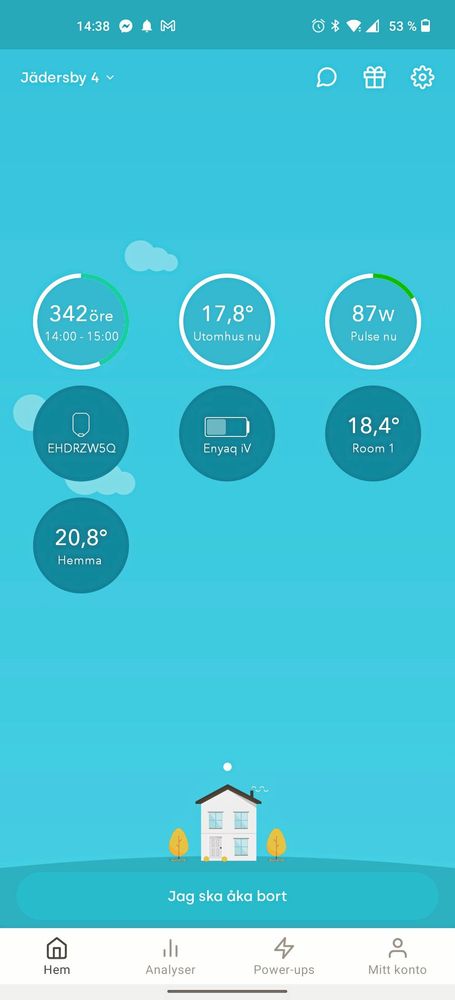 I appen syns husets aktuella temperaturer och elpriset som gäller just nu.