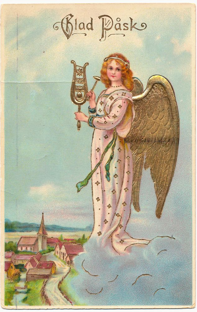 Påskängel. Trots att påsken är en av kyrkans viktigaste högtider religiösa motiv ovanliga. Men här är ett, skickat den 16 april 1911 till Ruth Gustafsson på Roslagsgatan 54.