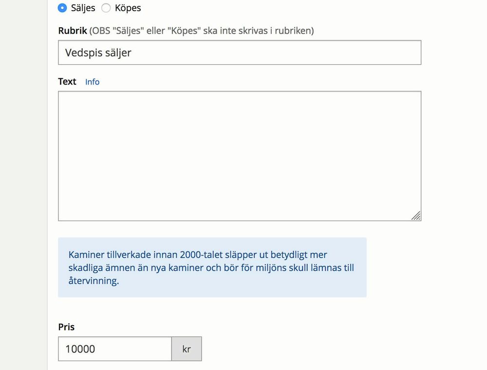 Varningen på Blocket dyker upp när säljare försöker lägga upp en annons.