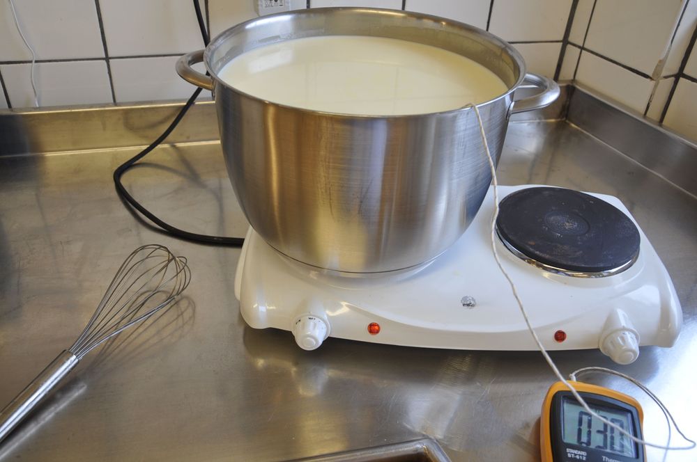 Värm pastöriserad mjölk, till 30–32°C, samma temperatur hålls under hela ystningsprocessen.