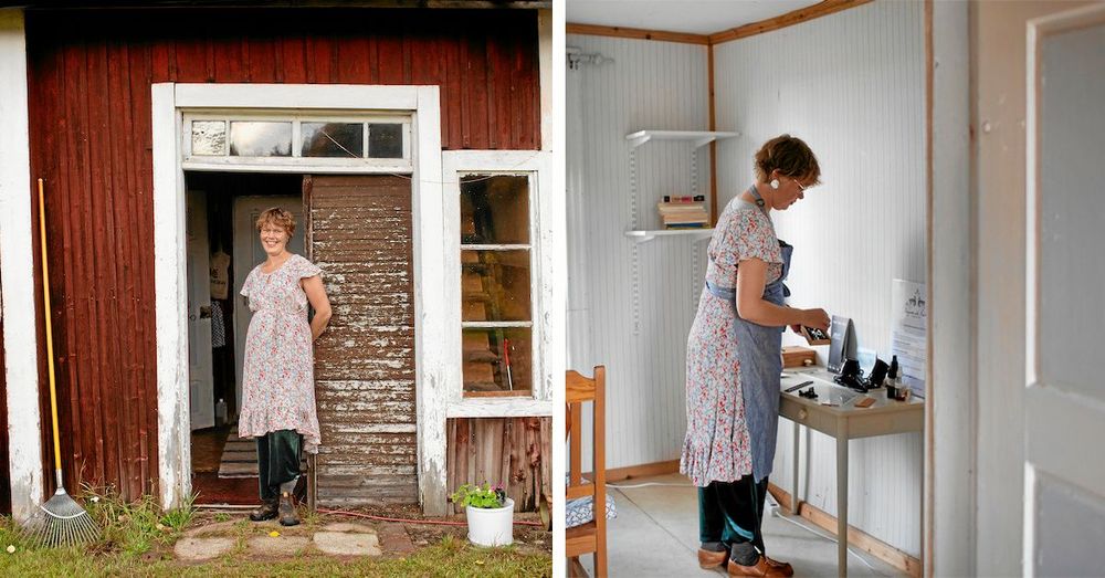 Sofia i den gamla bagarstugan som hon hoppas kunna rusta till sommarsalong. Här har hon sitt lager av ekologiska hår- och hudvårdsprodukter.