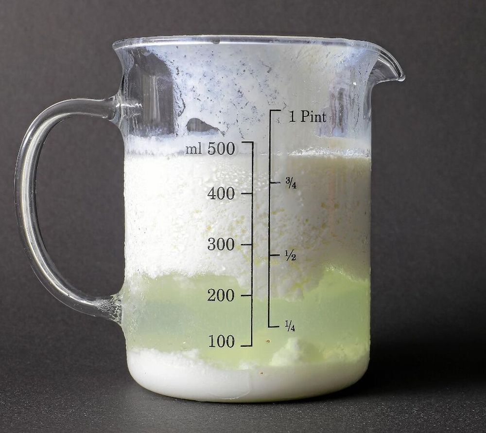 Mjölksyreserumet börjar bildas under locket av fast ostliknande massa.