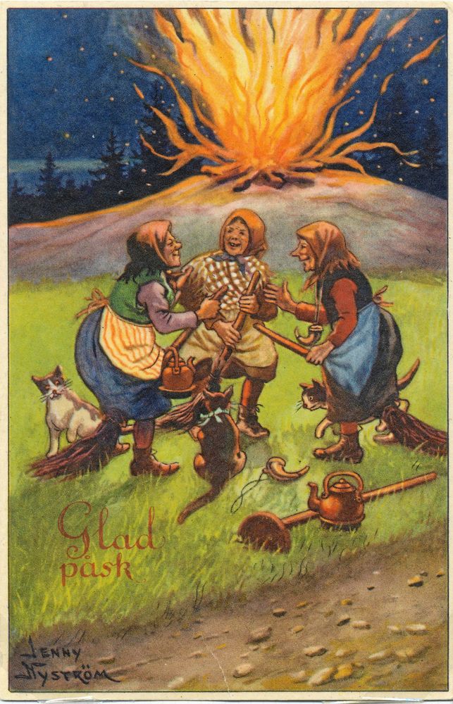 Kvastfärd. Skärtorsdagen är den traditionella dagen för resor till Blåkulla, som för de här glada påskkärringarna målade av Jenny Nyström.