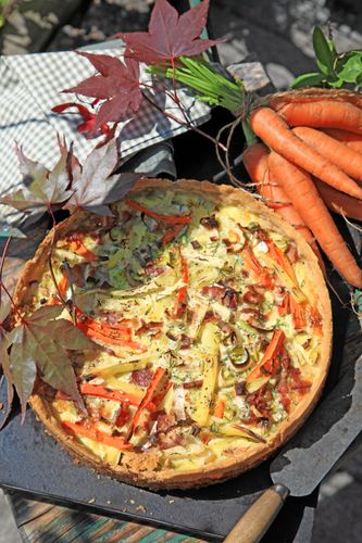 Säsongens råvaror gör den här pajen rekordgod. Prästost och bacon ger fin sälta.